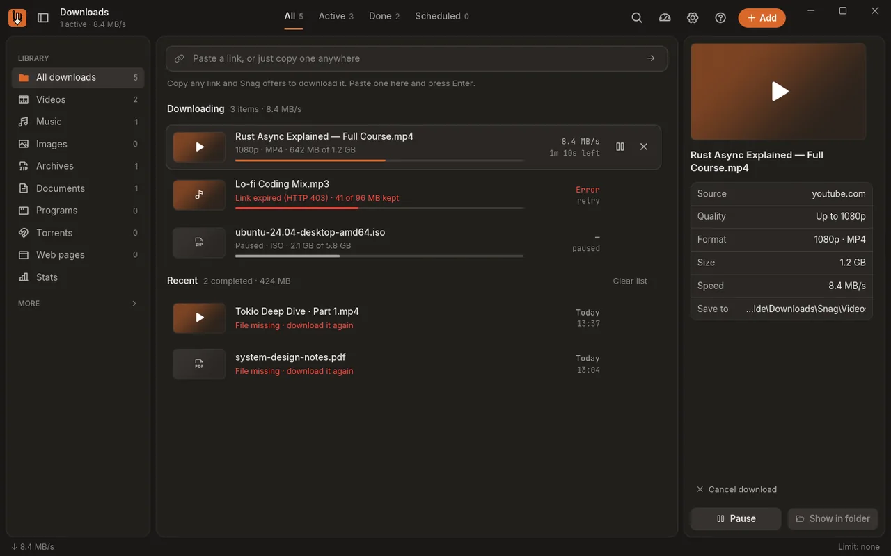 Snag’s main window: a library of downloads by type, three downloads in progress with one at 8.4 MB/s, and the details of the selected video